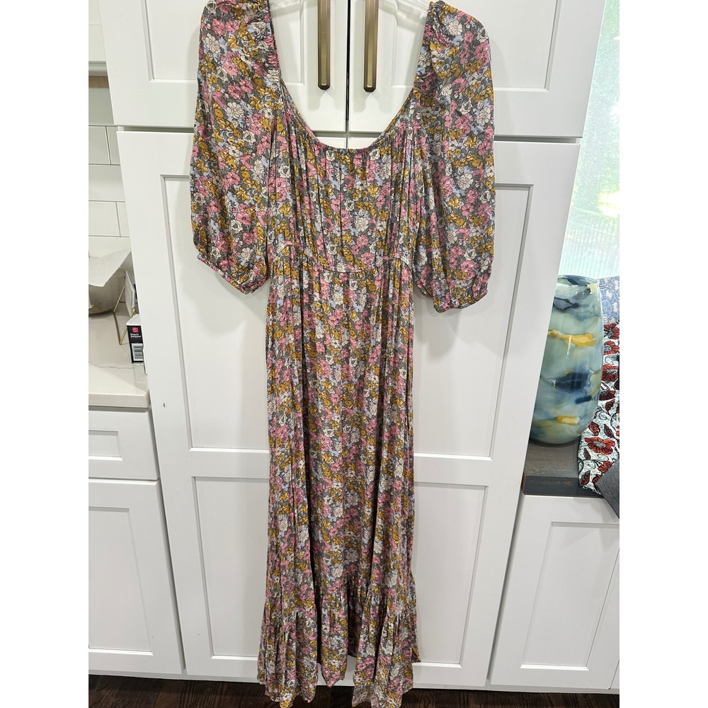 Elloh Floral Puff Sleeve Maxi Dress Pink Yellow Blue Boho Tiered Rayon M